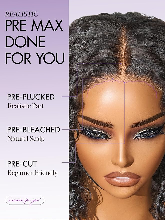 LUVME HAIR 5X5 Deep Curly 12 Inches 100% Human Hair Wigs Curly Deep Wave Glueless Lace Front 12 Inches, Pre Cut Plucked Hd Lace Short Wig Ready To Go Natural Color Straight Bleached Knots Black Wigs
