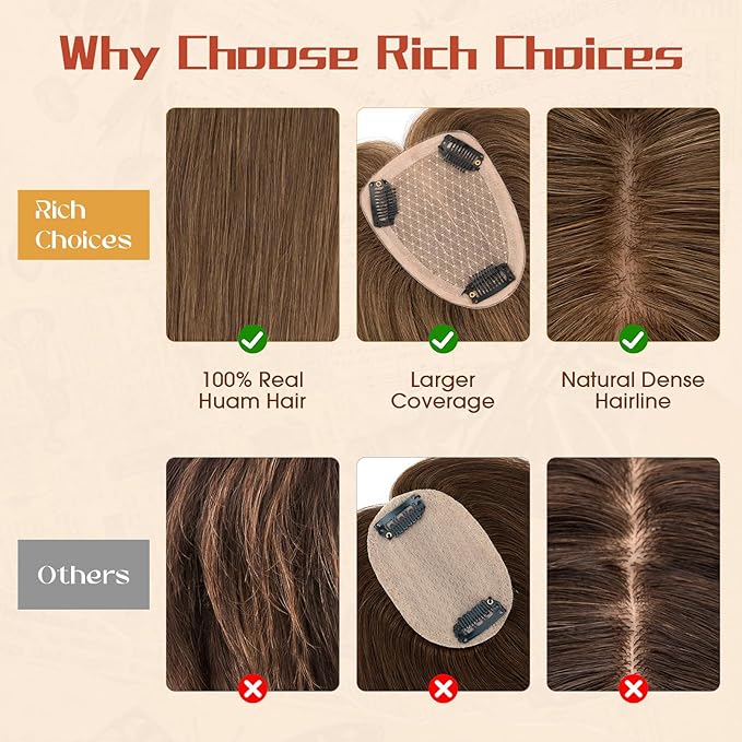 Rich Choices Human Hair Toppers for Women-100% Real Remy Hair Topper No Bang-Upgraded 150% Density 9 * 12CM Lace Base-Clip in Hairs Topper for Thinning Hairs-12Inch #4 Medium Brown
