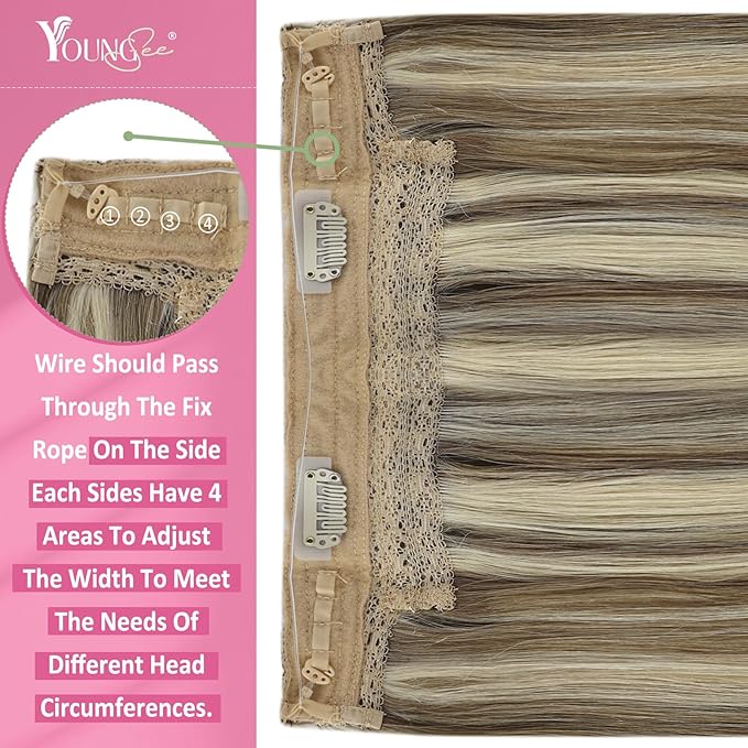 YoungSee 135G Wire Hair Extensions Blonde Fish Line Human Hair Extensions Platinum Blonde with Light Brown Highlights One Piece Hair Extension 24Inch