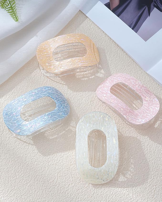 Mesovor 4 Pack French Flat Hair Clips for Women, 3.74" Nonslip Stylish Round Duckbill Lay Flat Hair Claw | Side Slide Volume Flat Hairclips for Lying Down, Yoga, Driving (Mermaid Crack)