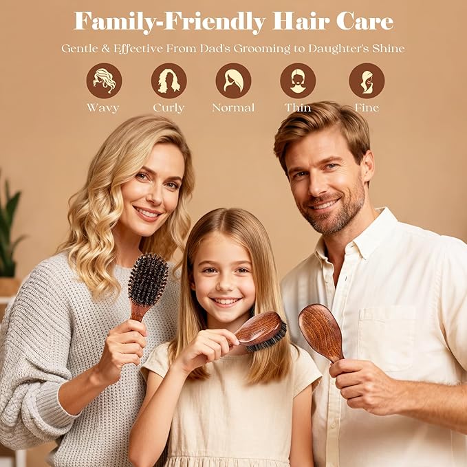 Boar Bristle Hair Brush Since 1965 British Craftsmanship, Handmade Natural Wooden Mini Hairbrush/Beard Brush, Pure Soft Bristles Gentle Detangling Women Men Kids Thin Fine Hair, Smooth & Shine