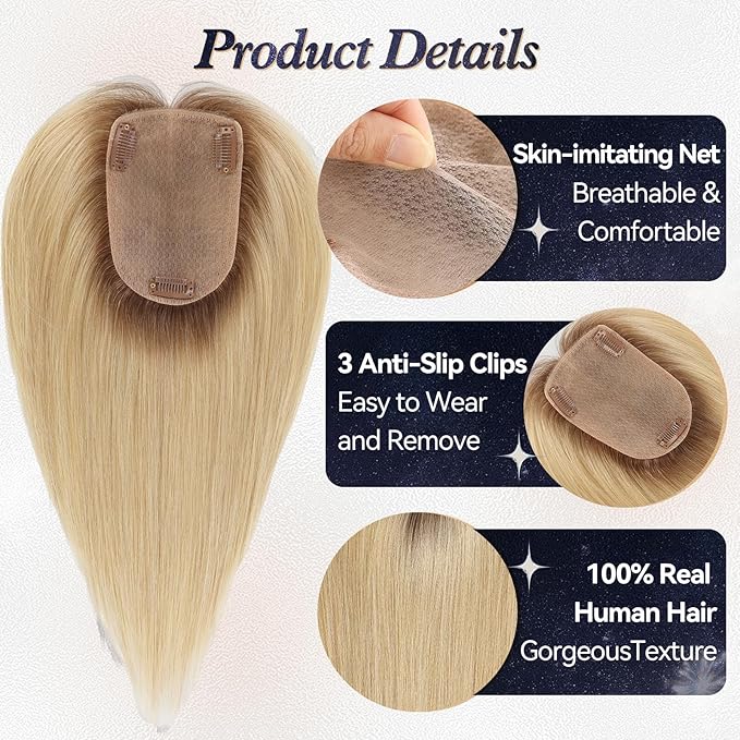 starluck Human Hair Toppers for Women Real Human Hair With Bangs 4 * 5.5 inch Base 12 inch SilkHug Topper for Women with Thinning Hair Cover Grey Roots(Ombre Light Blonde)