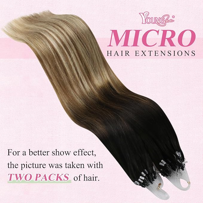 YoungSee Micro Loop Hair Extensions Real Human Hair Balayage 16In Micro Bead Hair Extensions Human Hair Dark Brown Ombre Blonde with Browns Beaded Hair Extension Soft and Silky for Prom 50g 50s
