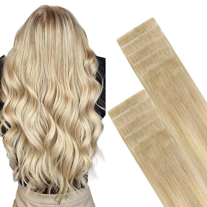 GOO GOO Invisi Edge Tape in Hair Extensions Human Hair, 18ET90A Natural Blonde Balayage, 10pcs 22inch 30g, Virgin Remy Hair, Seamless Injected Tape, Natural Look