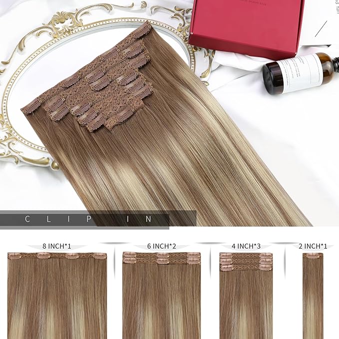 Moresoo Clip in Hair Extensions Real Human Hair Brown to Blonde Hair Extensions Clip ins Light Brown to Meidum Blonde Balayage Soft And Straight 120g/7pcs 16 inch