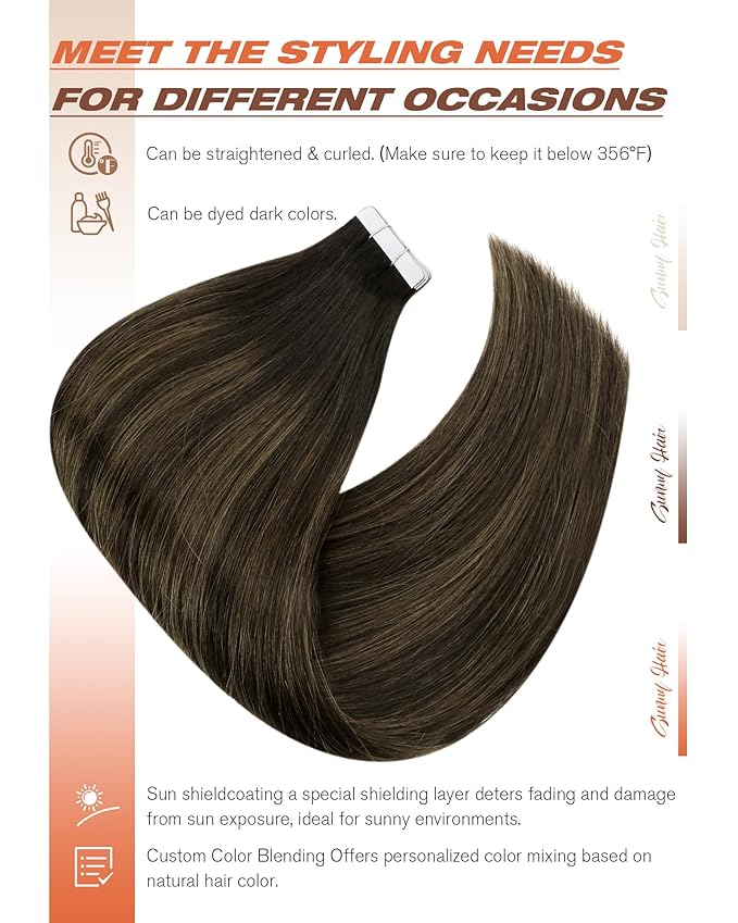Sunny Hair Brown Tape in Hair Extensions 20 Inch Remy Tape in Extensions Human Hair Balayage Brown Tape ins Human Hair Extensions 20Pcs 50g