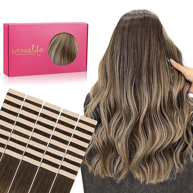 WENNALIFE Tape in Hair Extensions Human Hair, 40pcs 100g 18 inch Balayage Chocolate Brown to Honey Blonde Hair Extensions Real Human Hair Straight Tape in Extensions Reusable Real Hair Extensions