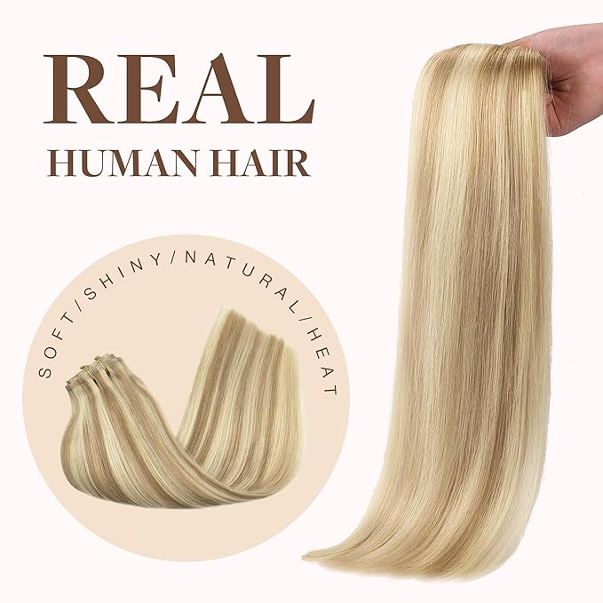 GOO GOO Clip in Hair Extensions Real Human Hair, Remy Human Hair Extensions Clip ins for Women, Natural Human Hair, 24inch 160g 7Pcs, 18A/613A Dark Blonde Highlighted Bleach Blonde