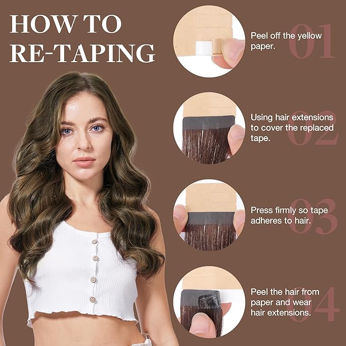 GOO GOO Tape in Hair Extensions Human Hair, 1D/2C/4E Chocolate Dip Color Melt, 18inch 25g 10pcs, Skin Weft Seamless Invisible, Silky Straight with Thick Ends, Remy Human Hair