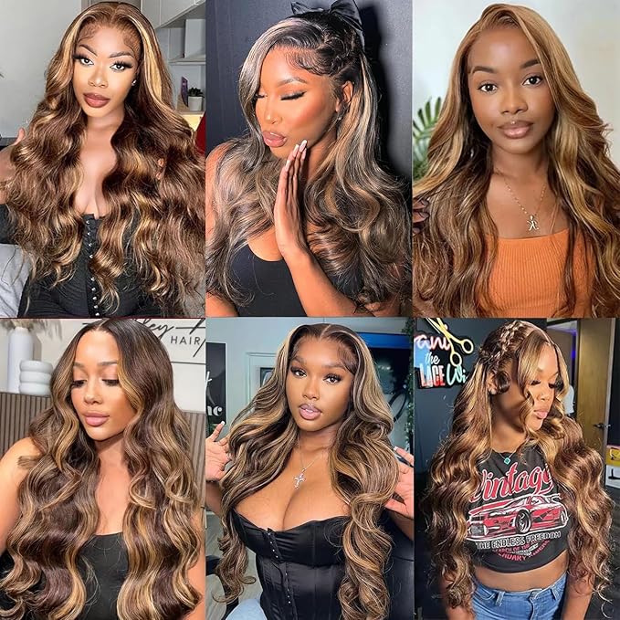 Honey Blonde Body Wave Lace Front Wig Human Hair 13x4 Full Frontal Lace Wig Skinlike HD Lace 0.10mm Ultra-Thin Invisible 4/27 Highlight Ombre Blonde 200% Density Pre plucked Bleached Knots 32 inch