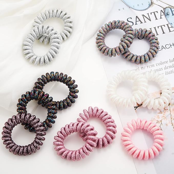 Spiral Hair Tie(Glitter Black Colorful,12 Pcs), Coil Hair Ties for Thick Hair, Ponytail Holder Hair Ties for Women, No Crease Hair Ties, Phone Cord Hair Ties for all Hair Types with Plastic Spiral