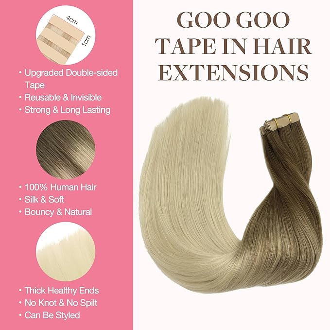 GOO GOO Tape in Hair Extensions Human Hair, 9/60 Balayage Ash Brown to Platinum Blonde, 20inch 100g 40pcs, Skin Weft Seamless Invisible, Silky Straight with Thick Ends, Remy Human Hair
