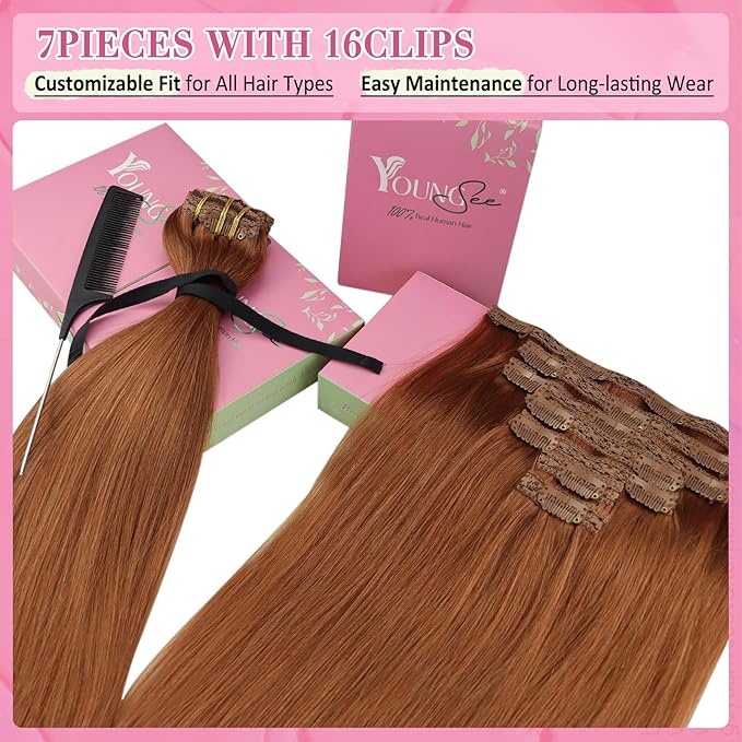 YoungSee 24 inch Hair Extensions Clip ins Copper Real Hair Extensions Clip in Human Hair Copper Clip in Real Hair Extensions Long Straight Hair 7pcs 120g