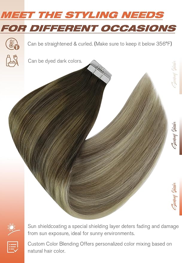 Sunny Hair Tape in Hair Extensions Human Hair Brown Balayage Blonde Tape in Extensions 18 Inch Real Hair Extensions Tape in 20Pcs 50g