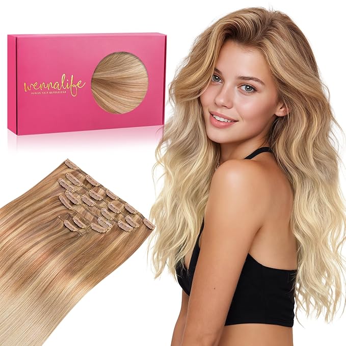 WENNALIFE Clip in Hair Extensions Real Human Hair, 22 Inch 120g 7pcs Ash Beige Blonde Blend Remy Hair Natural Double Weft