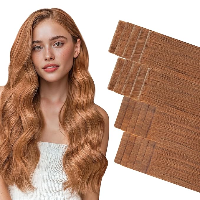 GOO GOO Invisi Edge Tape in Hair Extensions Human Hair, 330 Cinnamon Terra Copper 10pcs injected with 10pcs classical tape ins, 16inch 50g, Virgin Remy Hair, Natural Look