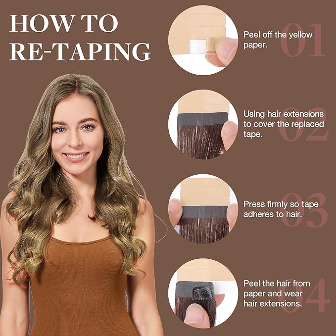 GOO GOO Tape in Hair Extensions Human Hair, 7 Bronde, 10inch 60g 40pcs, Skin Weft Seamless Invisible, Silky Straight with Thick Ends, Remy Human Hair