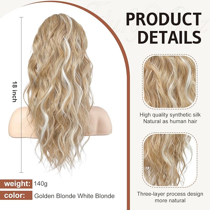 FLUFYMOOZ Ponytail Extension, 18 Inch Claw Clip Ponytail Extension, Wavy Curly Claw Clip in Ponytail Hair Extensions, Natural Fake Ponytail Synthetic Hairpiece for Women (Golden Blonde White Blonde)