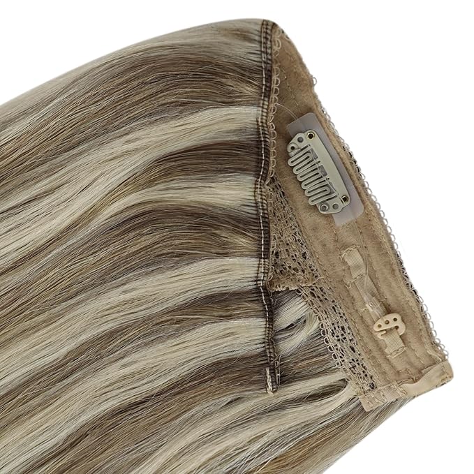 YoungSee Wire Hair Extensions Highlight Invisible Wire Hair Extensions Real Human Hair Highlights Light Brown with Platinum Blonde Fish Line Hair Extension for Short Hair 70G 12Inch