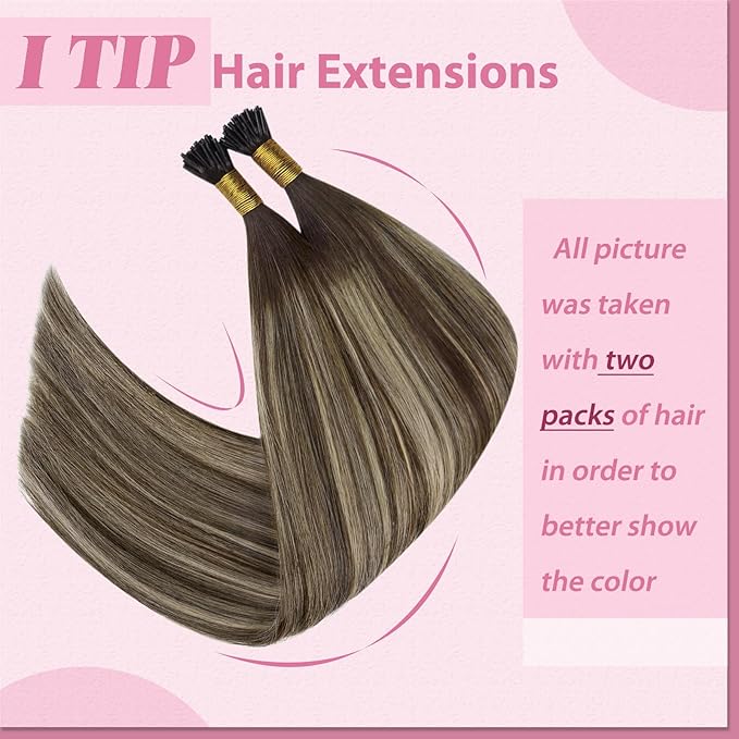 YoungSee Itip Human Hair Extensions Balayage I Tip Hair Extensions Ombre Dark Brown with Ash Blonde I Tips Hair Extension Real Human Hair 80s 50g I-Tips Extension Silky Straight 16Inch