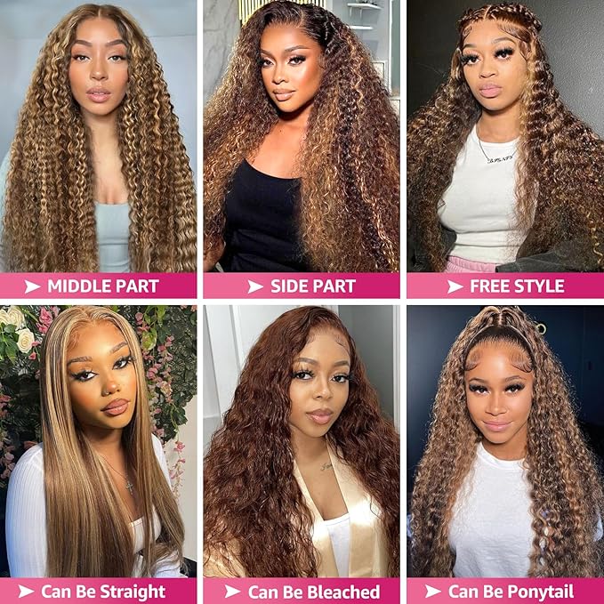 Ombre Highlight 13x6 Lace Front Wigs Human Hair HD Transparent Deep Wave Lace Front Wigs Human Hair Pre Plucked 200% Density Glueless #4/27 Colored Honey Blonde Wig for Women (26 Inch)