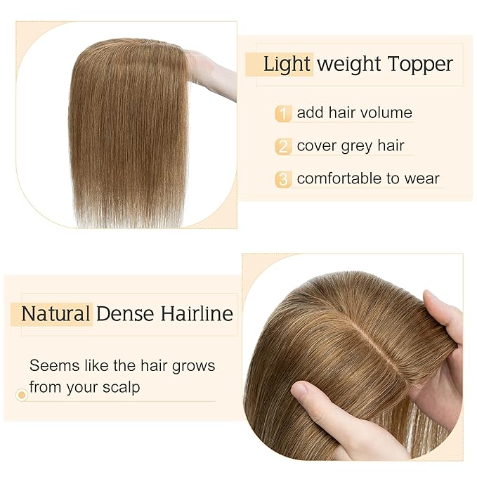 SEGO Human Hair Toppers for Women With Thinning Hair, 7 * 13CM Silk Base 100% Real Human Hair Clip in Top Wiglet Hairpieces -6 Inch No Bangs Light Brown
