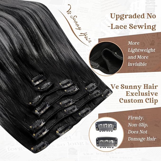 Ve Sunny Human Hair Clip in Extensions Black Ombre Clip in Hair Extensions for Women Clip Hair Extensions Real Human Hair Long Hair Extensions Natural Black Balayage Grey Silver 7pcs 120g 24inch