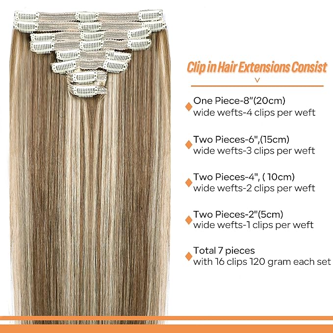 Straight Clip In Hair Extensions Real Human Hair 8Pcs Clip In Balayage Chestnut Brown Highlight Blonde Human Hair Extensions with 18Clips Lace Weft 120g 24inch