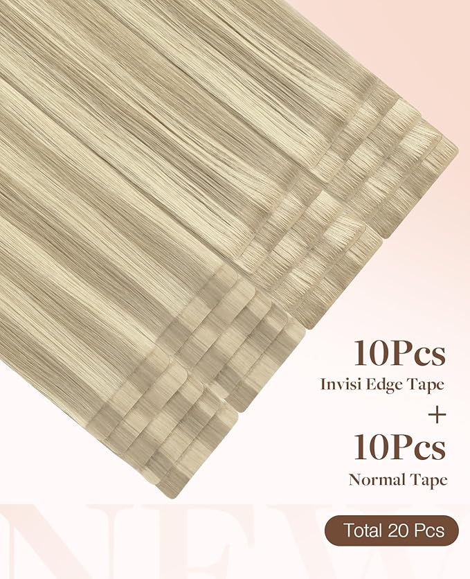 GOO GOO Invisi Edge Tape in Hair Extensions Human Hair, 17A/60A Ash Blonde Highlighted Platinum Blonde 10pcs injected with 10pcs classical tape ins, 20inch 50g, Virgin Remy Hair, Natural Look