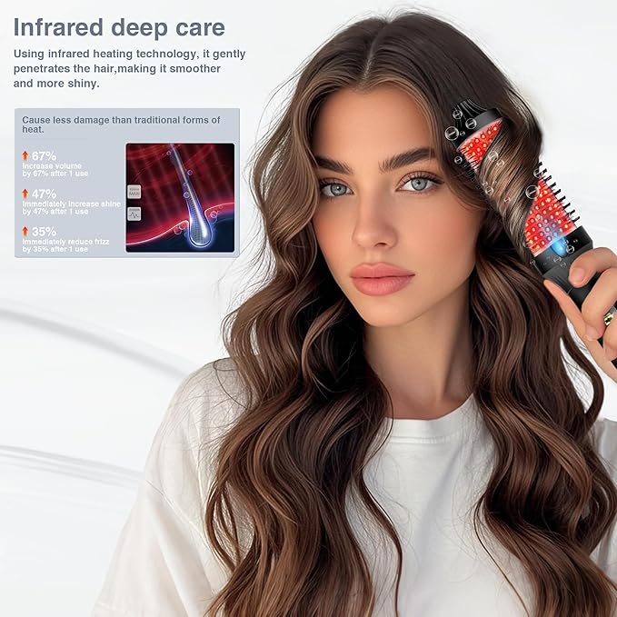 Infrared Bounce Brush, Heated Thermal Round Brush with Negative Ion Technology, 10 Heat Settings for Blowout Look with Hair Care Oil, Straightening & Curling, Suitable for All Hair Types, Black