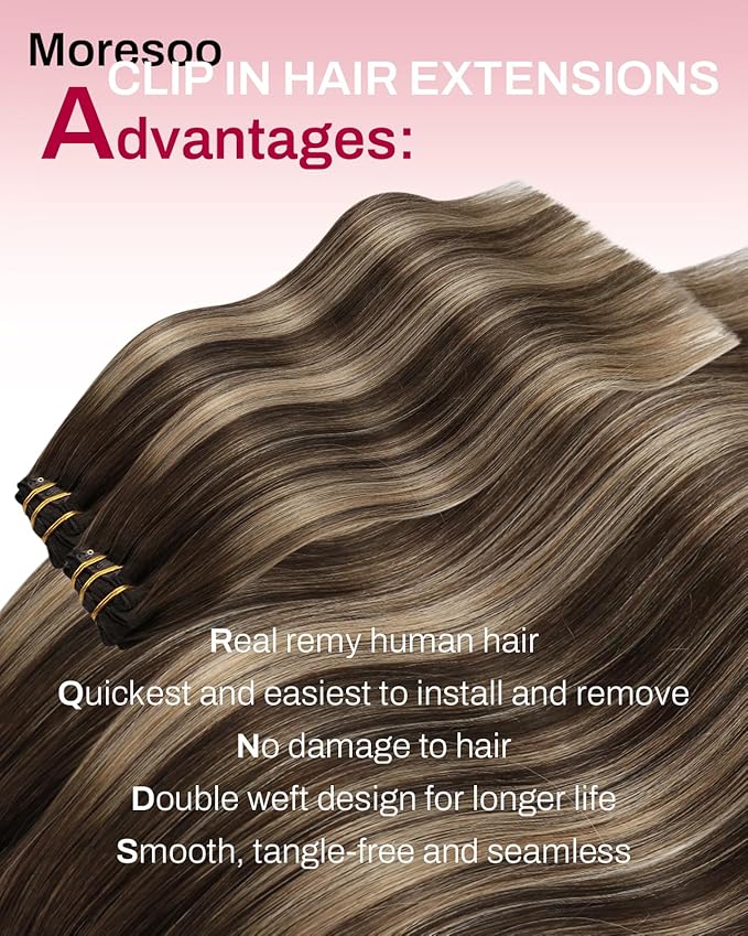 Moresoo Real Hair Extensions Clip in Human Hair Brown Ombre Blonde Mix Medium Brown Balayage Clip in Hair Extensions Long Silky Straight 5pcs 80G 22inch