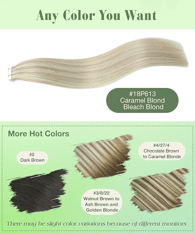 SURNEL Tape in Hair Extensions Human Hair Ash Blonde Highlight Bleach Blonde Tape in hair extensions 18 inch 20pcs 50g(#18P613-18)