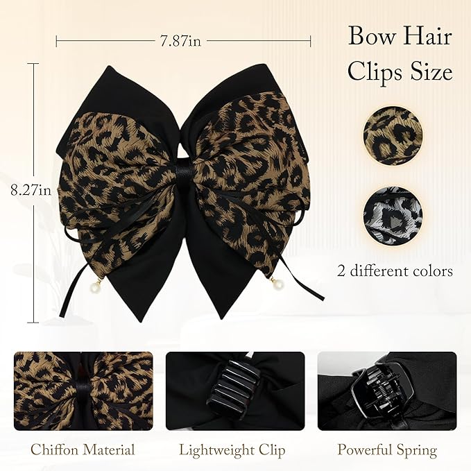 2PCS Leopard Pearl Print Bow Hair Ponytail Claw clip, Non-Slip Hair Grips for Women, Ribbon Bowknot Hair Clips French Style with Long Tail for Women Girls Ponytail Hair Decorations Accessories