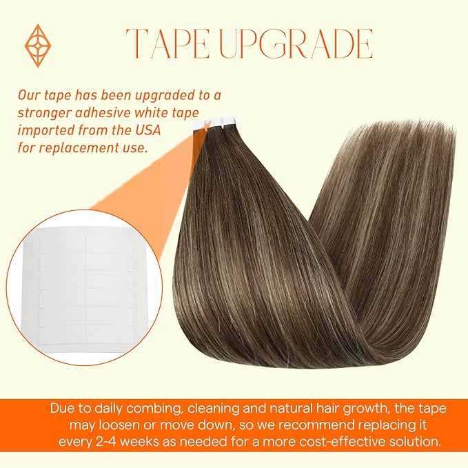 Full Shine Tape in Hair Extensions Human Hair 16Inch 20Pcs Remy Glue in Hair Extensions Tape in Color 4 Medium Brown Fading to 24 Blonde Highlight 4 Seamless Invisible Tape in Hair Extensions 50Gram