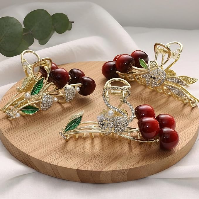 3 Pack Metal Cherry Hair Claw Clips with Rhinestones, Cute Rabbit & Squirrel Gold Clamps, 4.3 Inch Large Non-Slip Jaw Clips for Thick Hair, Summer Coquette Aesthetic (Red & Gold)