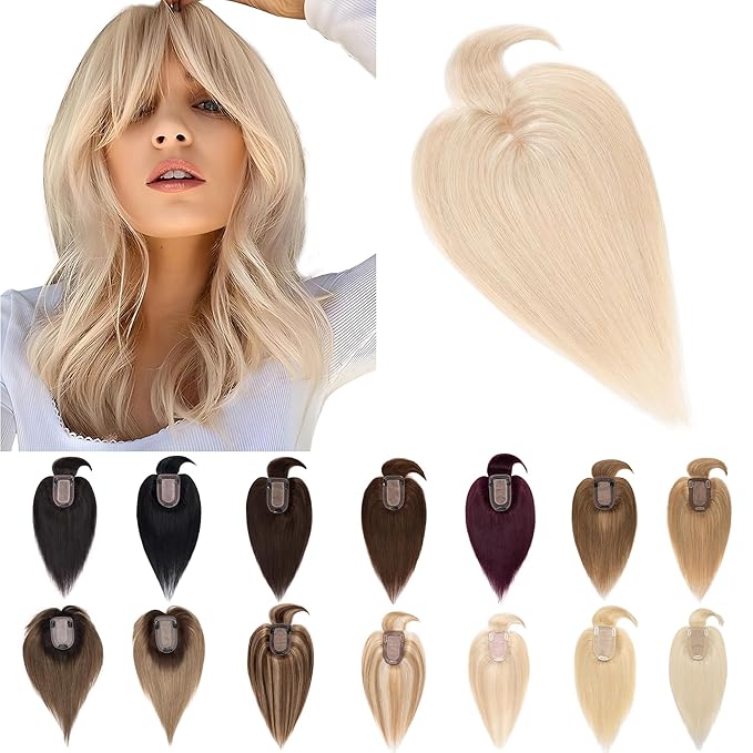 SEGO Hair Toppers for Women Real Human Hair With Bangs, 7 * 13CM Silk Base 100% Remy Clip in Top Wiglet Hairpieces -8 Inch 18P613 Ash Blonde&Bleach Blonde
