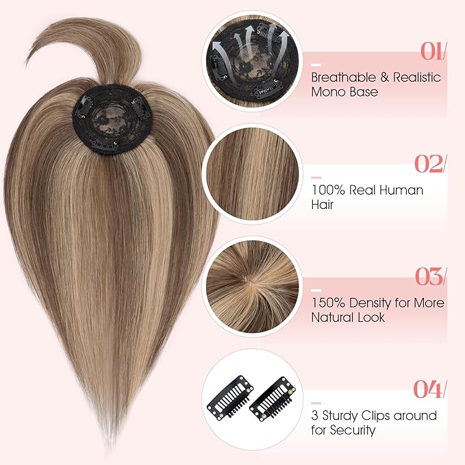 Hairro Mono Hair Toppers with Bangs, 3.4" x 3.4" Mono Base 100% Real Human Hairpieces for Women, 150% Density Clips In Topper for Greyish Thinning Hair, 10 Inch Medium Brown Mix Dark Blonde