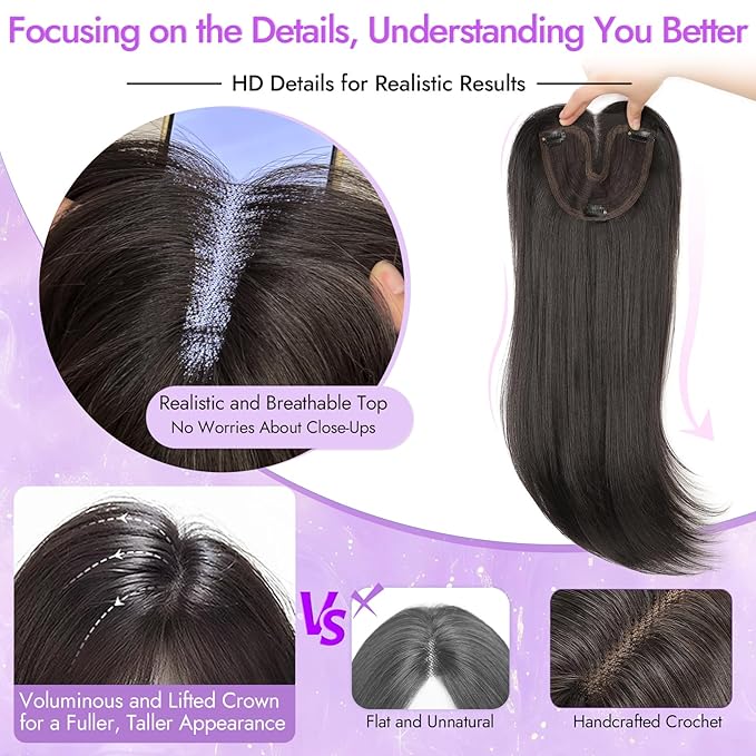 Dark Brown with Caramel Highlights Synthetic Hair Toppers for Women with Thinning 3D 360° Cover Clip in Wispy Bangs Upgraded Adjustable Bandage 24 Inch Long Layered