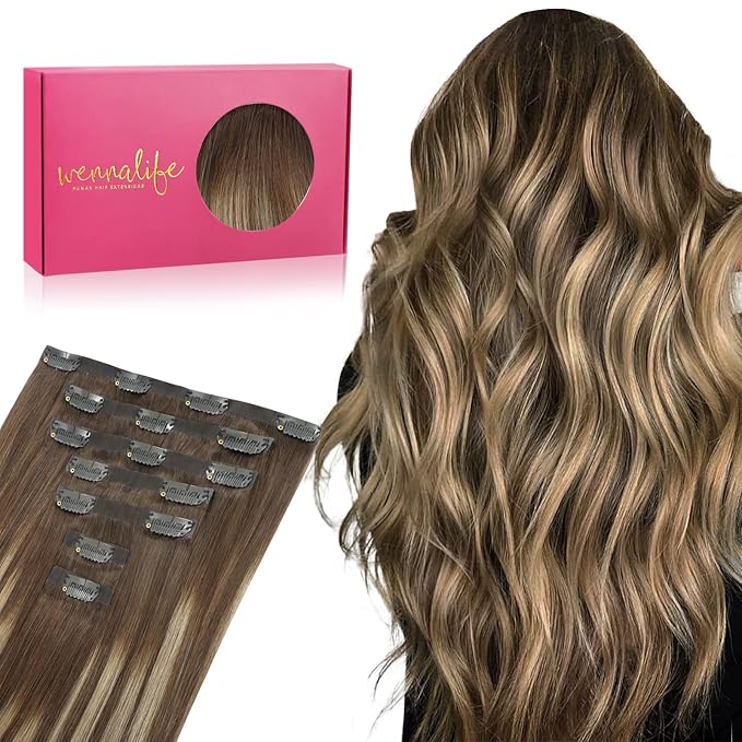 WENNALIFE Seamless Clip In Hair Extensions, 14 Inch 7pcs 130g Balayage Chocolate Brown to Honey Blonde Hair Extensions Clip In Invisible PU Skin Weft Real Human Hair Extensions Clip In
