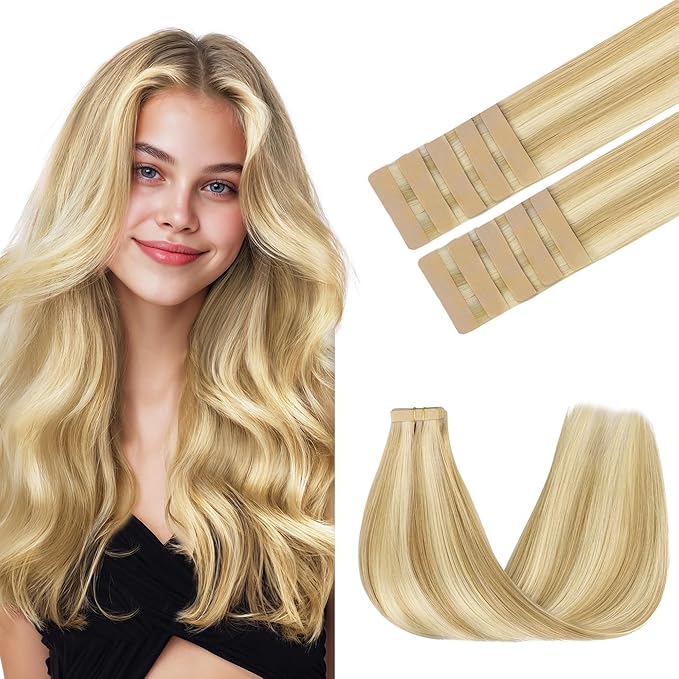 GOO GOO Tape in Hair Extensions Human Hair, 18D/22F Dirty Blonde Highlights, 20inch 30g 10pcs, Skin Weft Seamless Invisible, Silky Straight with Thick Ends, Remy Human Hair