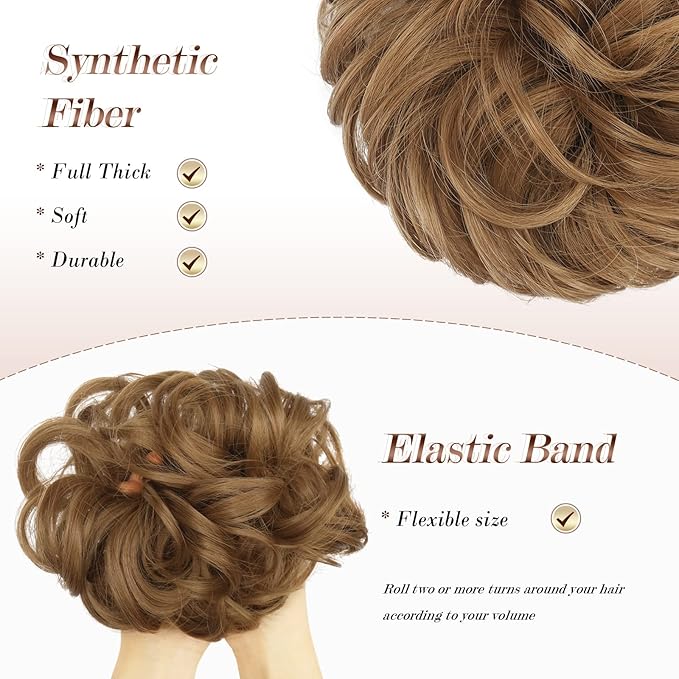 FESHFEN Messy Bun Hair Pieces - Large Wavy Curly Elastic Hair Bun Scrunchies Ponytail Extensions Synthetic Chignon Hairpieces for Women, Strawberry Blonde 1.94oz