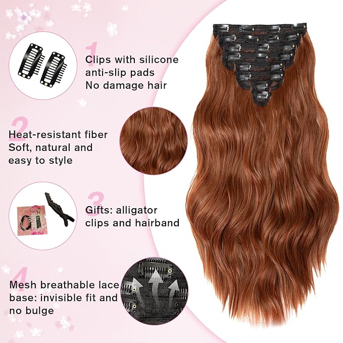 Clip in Hair Extensions for Women, 20 Inch Wavy Copper Hair Extensions Clip Ins, 8PCS Synthetic Soft Lace Weft Hairpieces for Women