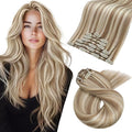 Moresoo Hair Extensions Real Human Hair Clip ins Blonde Highlighted Double Weft Clip in Hair Extensions Human Hair Light Brown with Blonde 7pcs 120g 20inch