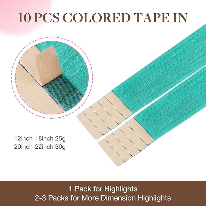GOO GOO Tape in Hair Extensions Human Hair, Teal Green, 10inch 20g 10pcs, Colored Tape ins Human Hair Extensions, Silky&Soft Invisible Tape Ins, Hair Highlighted for Party