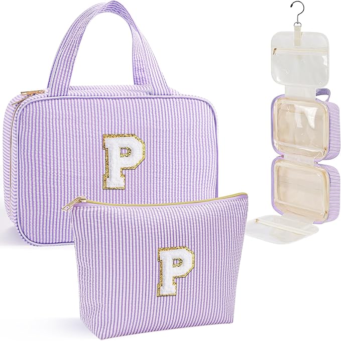 YOOLIFE Hanging Toiletry Bag for Women - Travel Toiletry Bag Makeup Bag, Portable Toiletries Cosmetic Bag, Airplane Travel Essentials - Letter P, Purple