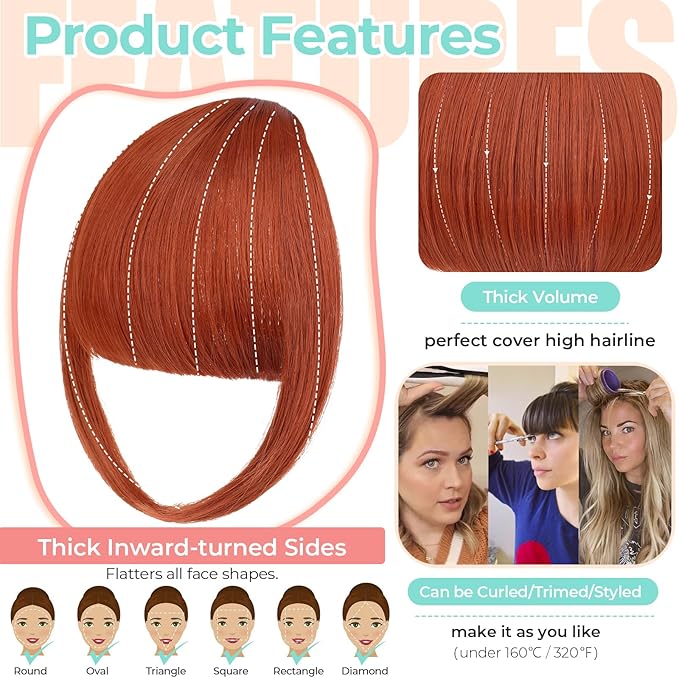 Clip in Bangs, Synthetic French Bangs Hair Clip, Fake Bangs Fringe with Temples Hairpieces for Women Natural Curved Hair Extensions for Daily Wear Copper Red