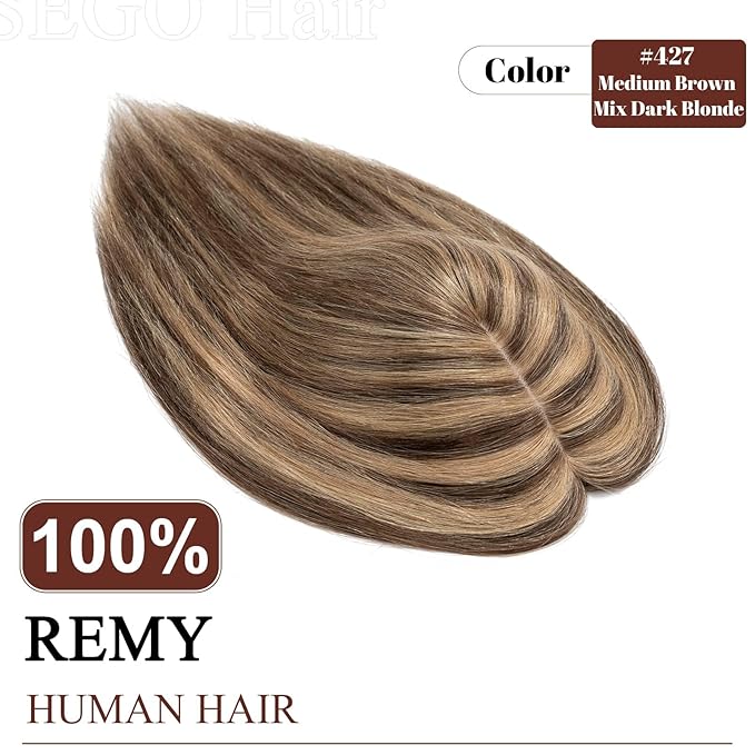 SEGO Real Human Hair Topper for Women without Bangs, Hair Topper with Anti-Slip Clips (12 Inch#4/27 Medium Brown Mix Dark Blonde)
