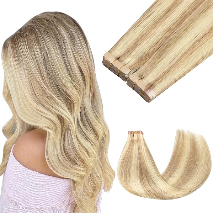 GOO GOO Tape in Hair Extensions Human Hair, 18A/613A Dark Blonde Highlighted Bleach Blonde, 24inch 100g 40pcs, Skin Weft Seamless Invisible, Silky Straight with Thick Ends, Remy Human Hair