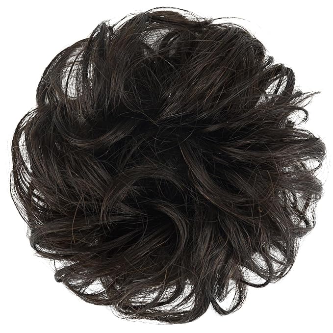 FESHFEN Human Messy Buns - 100% Human Hair Bun Real Scrunchies Hair Pieces Ponytail Extensions Wavy Tousled Updo Chignon Hairpieces for Women, Dark Brown