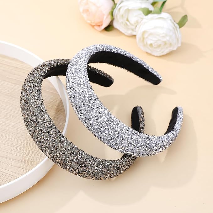 2PCS Sparkle Wide Headband for Women Rhinestone Padded Headband Black Sliver Glitter Hairbands Comfort High Elastic Head Band Bling Hair Accessories for Womens Girls Hair